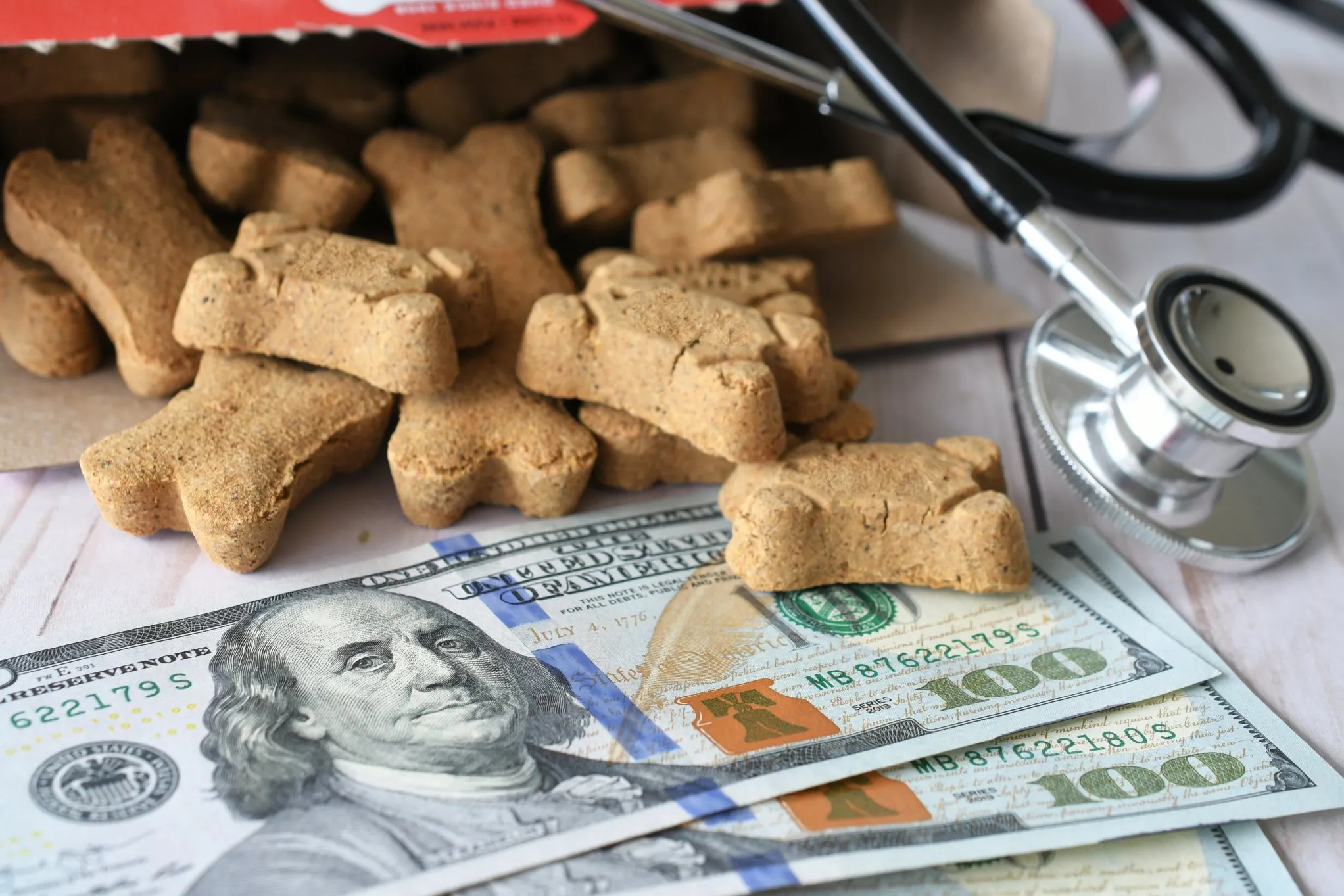 An arrangement featuring a dog food, money, and a stethoscope placed on a table