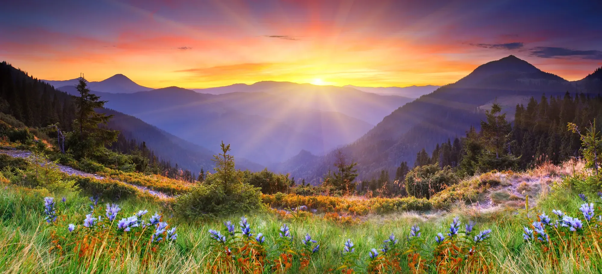 Mountains silhouetted against a vibrant sunset